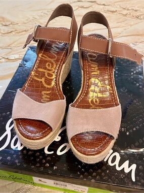 Sam Edelman Blush Suede Espadrille Wedge Sandals with Tan Ankle Strap